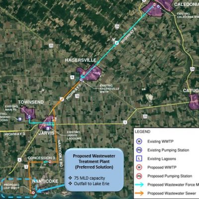 A map showing current wastewater treatment plant locations - in Caledonia & Hagersville - as well as lagoons in Jarvis and Townsend. The map also shows the proposed location for a new wastewater treatment facility in Nanticoke within the Lake Erie Industrial Park.